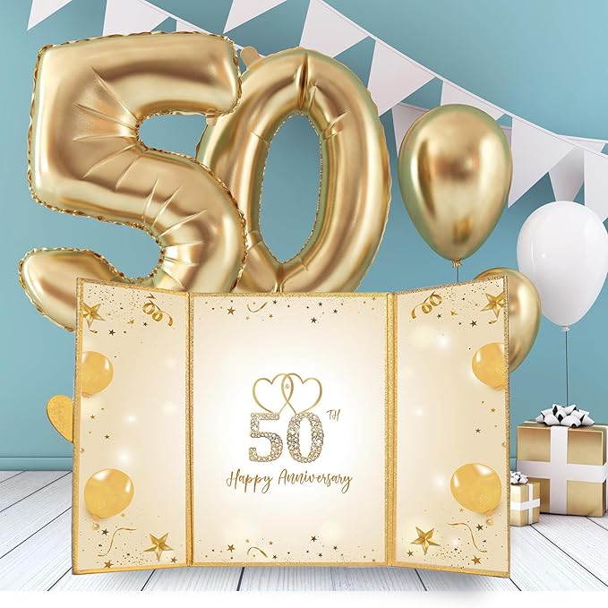 Trgowaul Gold 50th Wedding Anniversary Decorations, Happy 50th Anniversary Guest Book Alternative, 50th Anniversary Signature Book, White Gold Gift Card for 50 Years Wedding Anniversary Party Supplies