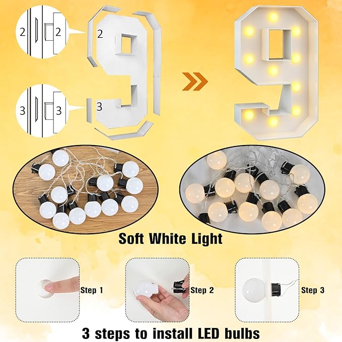 Marquee 4ft Numbers with Light up Number 9 White Mosaic Frame Slots-in Letter 9 for 9th Birthday Party Decorations Pre-Cut Cardboard Large Giant Cut-Out Thick Foam Board Sign Anniversary