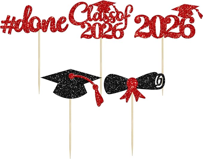 Gyufise 30Pcs 2026 Graduation Cupcake Toppers Red Glitter Class of 2026 Cake Toppers Graduation Done Cupcake Picks Grad Cap Diploma Cake Decorations for 2026 Theme Party Cake Decorations