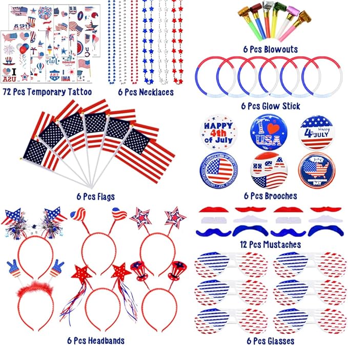 UMEELR 126Pcs Patriotic Party Supplies, 4th of July Party Accessories with Necklaces Headbands Shutter Glasses Flags Glow Sticks for 4th of July Independence Memorial Day Party Favor