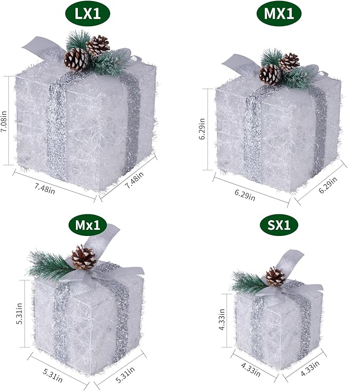 Set of 4 Christmas Lighted Gift Boxes, Pre-lit Light up Present Set with Different Sizes for Holiday Indoor Outdoor Decorations - Battery Operated(Warm White)