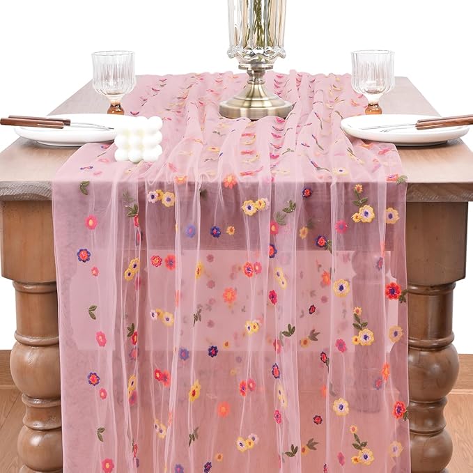 Joanlody 3pcs Blushing Pink Embroidery Daisy Table Runner Valentine’s Day Florals Seasonal Easter Tulle Table Runner Holiday Kitchen Dining Table Decoration for Home Party Indoor