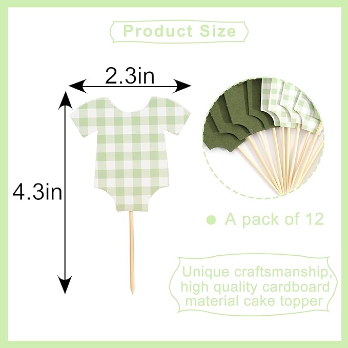 Green Bodysuit Cake Topper - Green Gingham Cake Topper,Baby Shower Decoration,Girl Boy/Gorl Baby Shower (green)