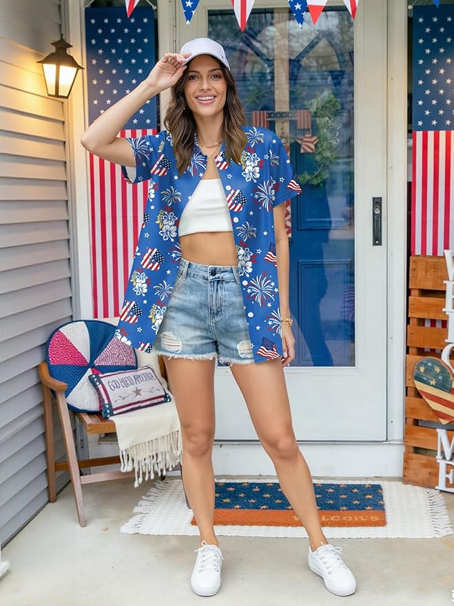 4th of July Shirts Women American Flag Patriotic Shirt Independence Day Short Sleeve Button Down Outfits