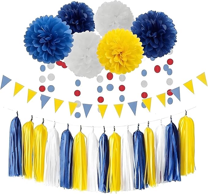 Yellow White & Blue Paper Tassels Garland Banner - Handmade Tassel Decor for Party, Wedding Backdrop, DIY Crafts (30-Pack)