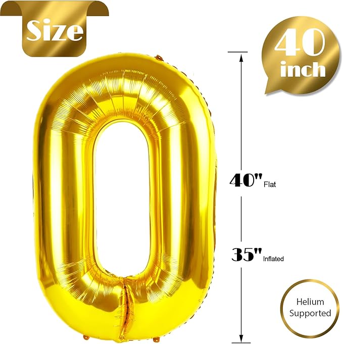 Gold Number 0 Balloon 40 Inch, 0 Balloon Numberfor 10th 20th 30th 40th 50th 60th Birthday Decorations, Gold Party Supplies for Men Women