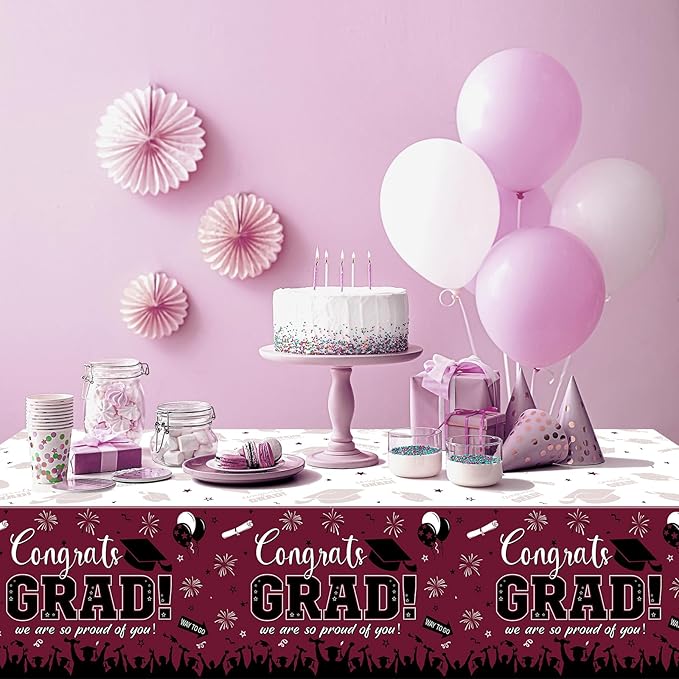 3 Pack Graduation Tablecloth Party Decorations, Class of 2026 Congrats Grad Plastic Tablecover Party Supplies, Maroon Rectangle Graduation Table Decorations for College High School Party, 54 x 108Inch