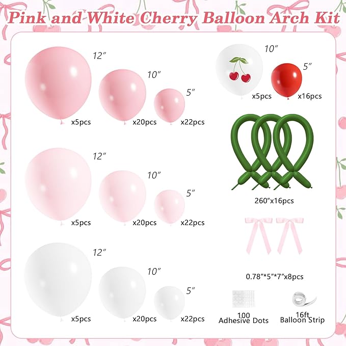 JOGAMS Cherry Balloon Arch Kit,192Pcs Cherry Party Decorations with Red Green 260 Balloons Pink Ribbon Bows for Cherry On Top Baby Shower Birthday Bridal Shower Wedding Galentine's Valentine's Day