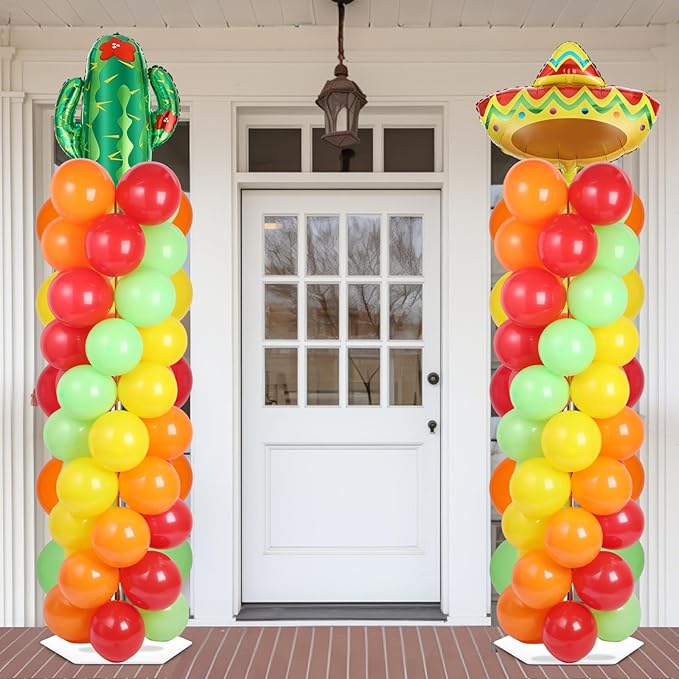 2 Sets Mexican Fiesta Balloon Column Stand Kit with 102 Balloons 5.57Ft Adjustable Balloon Tower Stand with Base Floor Cactus Sombrero Adjustable Arch Column for Mexican Fiesta Birthday Party Supply