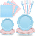 96 Pcs Baby Gender Reveal Plates and Napkins Set Party Supplies, Tableware set for 24 Guest include Light Pink and Blue Scalloped Plates, Napkins and Forks for Baby Shower Gender Reveal Party