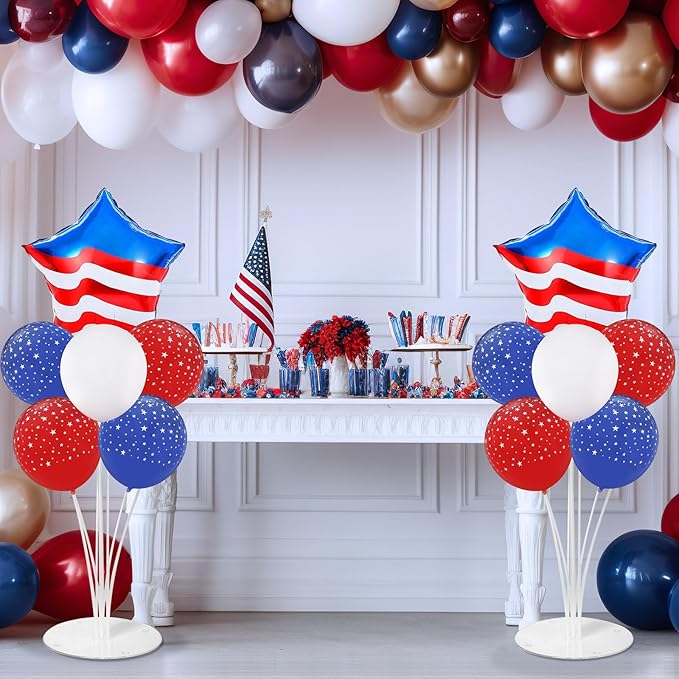 4th of July Balloons Stand Kit 2 Sets with 2 America Flag Star Foil Balloon Patriotic Red White and Blue Party Balloon Centerpiece for Tables for Memorial Day Party Independence Day Themed Decorations