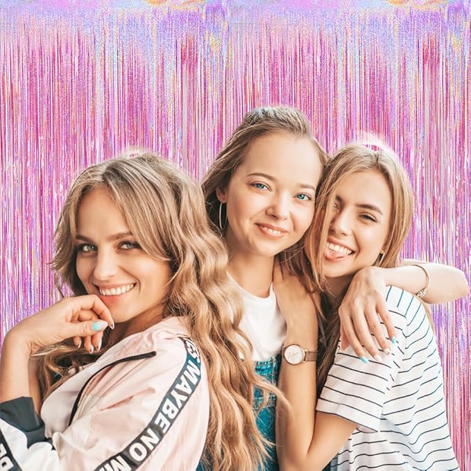 Glitter Pink Fringe Party Curtain - 6.5x9.8 feet, Pack of 2 | LILF Pink Tinsel Streamers Foil Fringe Backdrop Curtain with Non-Marking Tape for Birthday Bachelorette Party Decoration Photo Booth Props