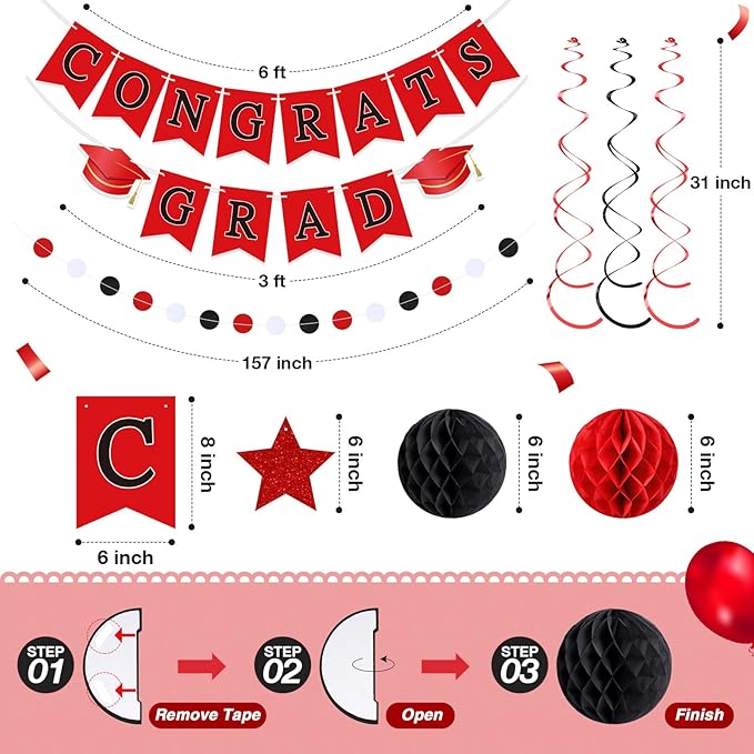 Red and Black Congrats Grad Banner 2026 Graduation Decorations with Hanging Swirl Honeycomb Ball Circle Garland Grad Party Favor Supplies for College Senior High School Classroom Decor