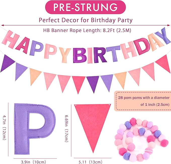 CANREVEL Pre-Strung 3D Rainbow Happy Birthday Banner, 3 PCS Happy Birthday Felt Sign, Pom Pom Garland, Triangle Fabric Bunting, Colorful Reusable Birthday Decorations for Women Men Girls Boys, Purple