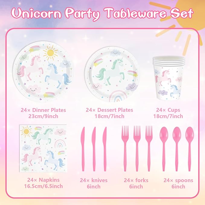 Unicorn Birthday Party Supplies for 24 Guests, Magical Pastel Theme Tableware Set Includes Disposable Paper Plates, Napkins, Cups, Cutlery, Unicorn Birthday Decorations for Girls