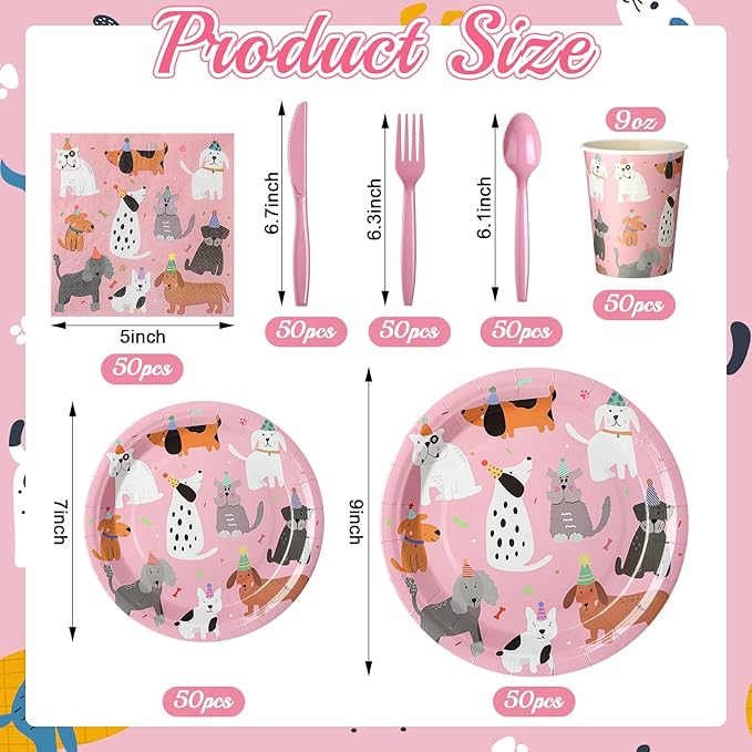 Jinei 350 Pcs Dog Birthday Party Supplies Pink Dog Tableware Set Serves 50 Guests Puppy Birthday Decorations Includes Pink Puppy Plates Cups Napkins Forks Knives Spoons for Party Supplies