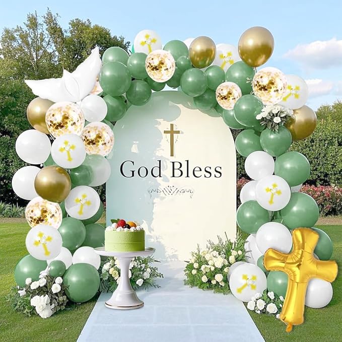 132Pcs First Holy Communion Green Balloon Garland Arch Kit God Bless Baptism Decoration Christian Religious Decor Cross Dove Balloon Girl Mi Bautizo Christening Birthday Baby Shower Party Supplie