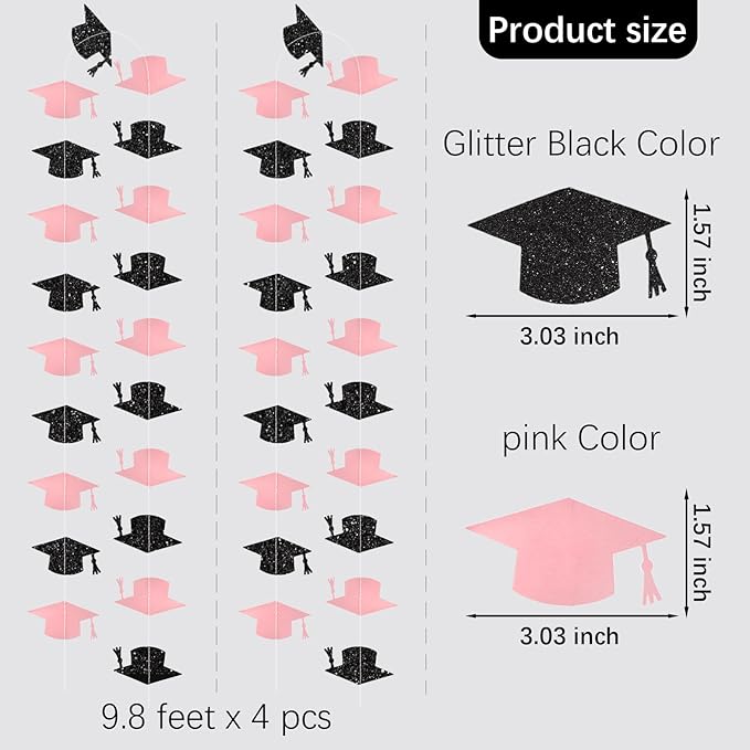 Black and Pink Graduation Garland Graduation Party Decorations Class of 2026 Grad Cap Garland Banner Streamers for Grad Party Hanging Decorations 39Feet