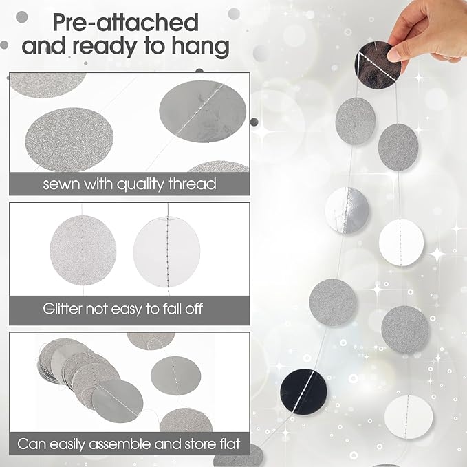 Syhood 10 Pcs Party Decorations Paper Dot Circle Garlands Glitter Streamers Hanging Banner Decor for New Year Baby Shower Wedding Birthday Backdrop Supplies (Silver)