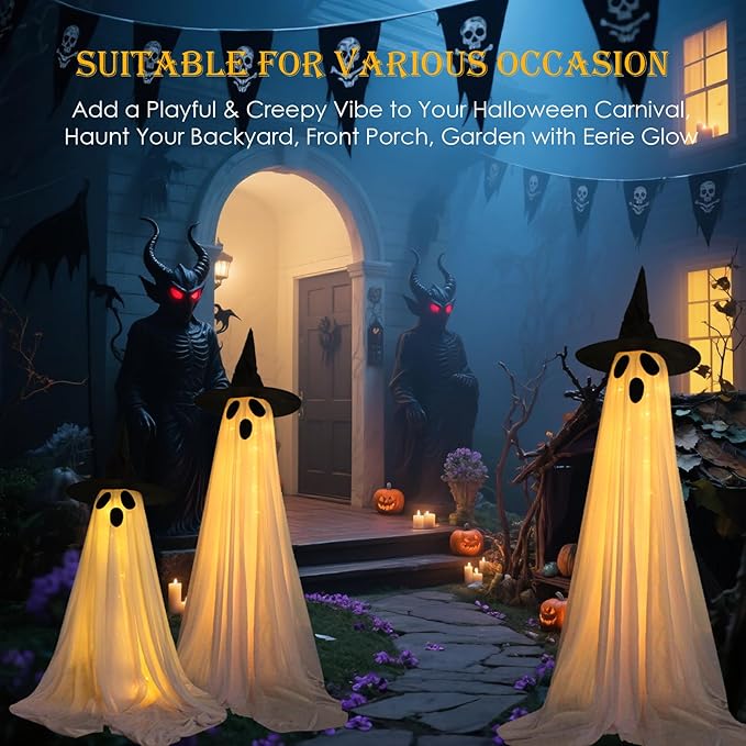 3 Pack Ghost Halloween Decorations Outdoor, Light Up Ghost Decorations with 8 Modes & Timer, Battery Operated Halloween Lights Ghost Decor Indoor Outdoor Room Front Yard, Porch, Haunted House Party