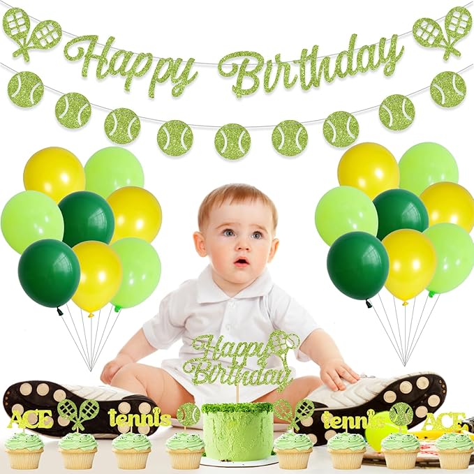 Green Tennis Sports Themed Decor - Latex Balloons, Cake Toppers, Glitter Banners & Baby Shower Inspirations