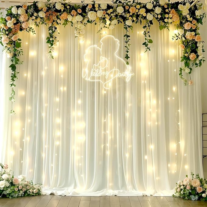 10ft x 10ft Beige Chiffon Backdrop Curtain with Lights String for Parties,2 Panels Sheer Chiffon Curtain Wedding Backdrop with Lights for Baby Shower Birthday Party Ceremony Reception Home Decorations
