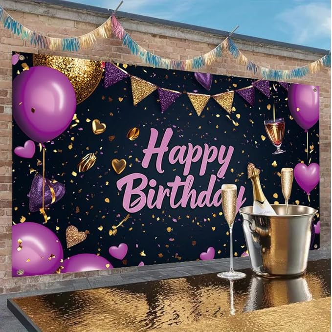 71x43 in Purple and Gold Birthday Party Backdrop, Happy Birthday Banner Decoration, Balloon Party Photography Backdrop, Suitable for Children, Adults, Girls, Ladies, Birthday Party Photo Setup Supplies
