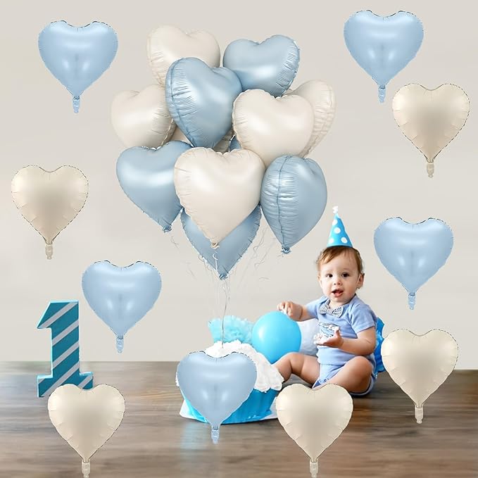 Blue White Heart Balloons, 18 Inch Baby Blue Cream Foil Heart Balloons, 10PCS Light Blue Nude Heart Shape Balloons Blue Helium Balloons for Boys Men Birthday Baby Shower Valentines Graduation