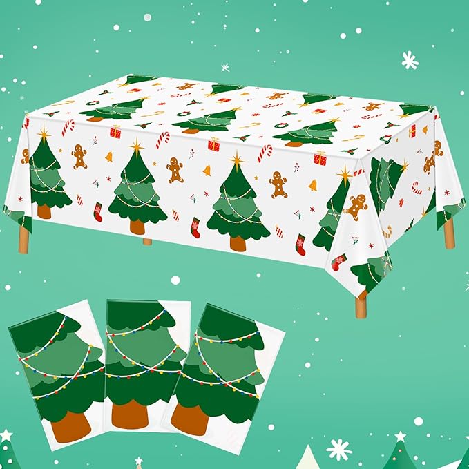 Hxezoc 3 Pack Disposable Plastic Christmas Tree Tablecloth, 54 x 108 Inches Christmas Party Table Cover for Xmas Winter Holiday New Year Home Dinner Decorations