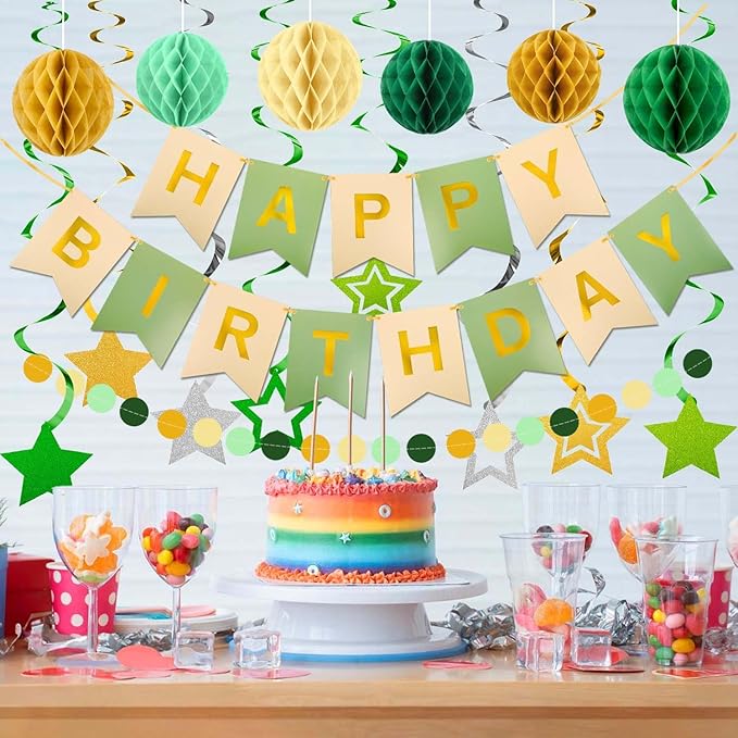 Birthday Decorations, Happy Birthday Banner with Honeycomb Balls, Swirls Set Happy Birthday Decorations Sign for Men Women Boys Girls Birthday Party Supplies Kit for Indoor Outdoor