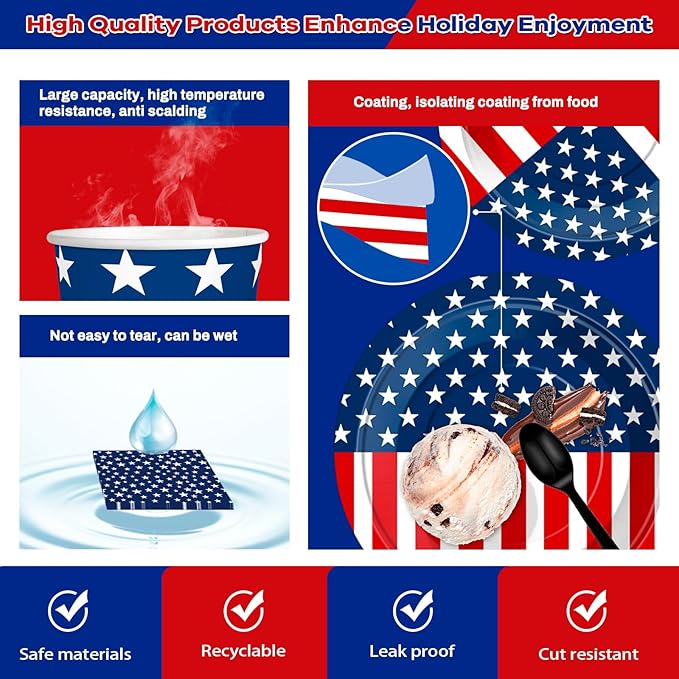 4th/Fourth of July Patriotic Decorations Set Stars and Stripes Old Glory Banner American Flag Hanging Paper Fans Cake Toppers Plates Tableware Tablecloth for USA Independence Day Party Decor Supplies