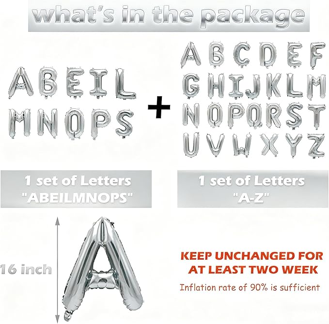 36 Pcs Silver Letter Balloons, Custom A-Z Set for Personalizing Names & Phrases Party Supplies Banners - with 1 Set ABEILMNOPS for Wedding/Birthdays/Annivs/Grads Party Decoration Banner Custom Phrase