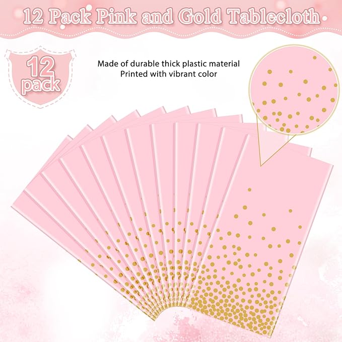12 Pack Pink and Gold Plastic Tablecloth for Parties, Pink Disposable Table Cloth for Rectangle Tables, Gold Stamping Dot Confetti Light Pink Tablecloth for Birthday Wedding Baby Shower Party, 54x108"