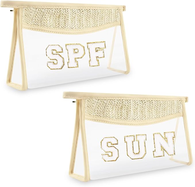 Iqimott 2Pcs Boho Patch SPF Bag Clear Letter Sun Bag, Waterproof Zipper Makeup Bag Toiletry Pouch for Women Girls, Clear Letter Patch Cosmetic Bag Transparent Organizer Pouch for Travel(SPF, Sun)