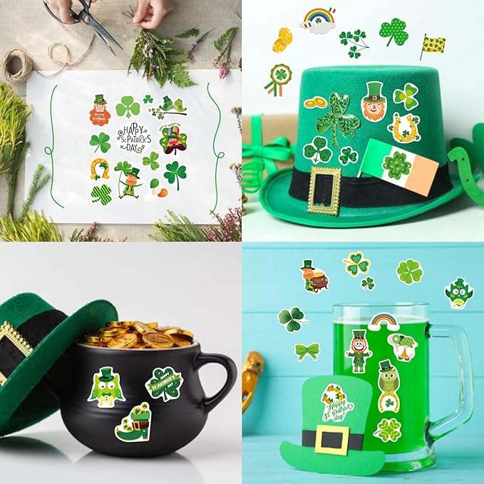 24 St. Patrick's Day Stickers - Four Leaf Clover, Lucky Shamrock Clover, Irish Decor Green Day Stickers for Teens, Girls, Kids, Adults