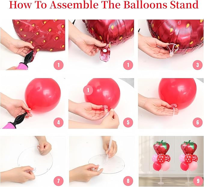 Strawberry Balloon Stand for Table Centerpiece Stand Kit 2 Sets with 2 Strawberry Foil Balloons and 14 Latex Pastel Balloons for Strawberry Themed Birthday Party Decorations