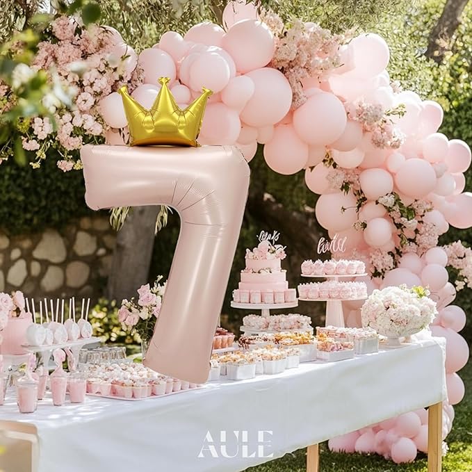 AULE 40 Inch Big Pink 7 Balloon Number with Crown Large Foil Helium Number Balloons 0-9 Jumbo Giant Happy 7th Birthday Party Decorations Huge Mylar Anniversary Party Supplies