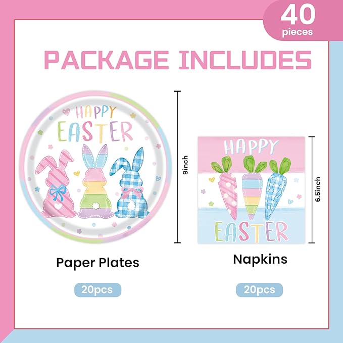 40Pcs Easter Paper Plates and Napkins Party Supplies, Disposable Bunny Plates Carrot Napkins Dinnerware Set for for Spring Easter Holiday Birthday Decorations