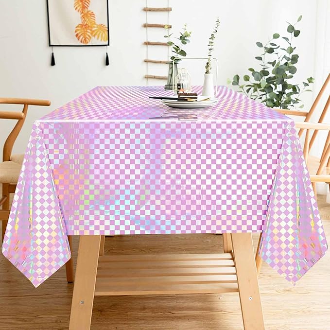 1 Pack Pink and Iridescent Checkered Tablecloth Shiny Disposable Holographic Foil Table Cloth Plastic Laser Rectangle Table Cover for Picnic Birthday Party Race Car Tablecloth