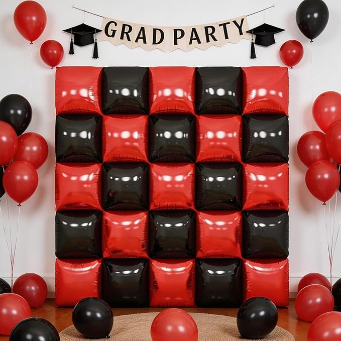 Black Red Square Foil Balloon Wall,25Pcs Double Sided Foil Balloons Backdrop Helium Tunnel Arch Garland Kit for Birthday New Year Eve Graduations Bridal Anniversary Party Decorations