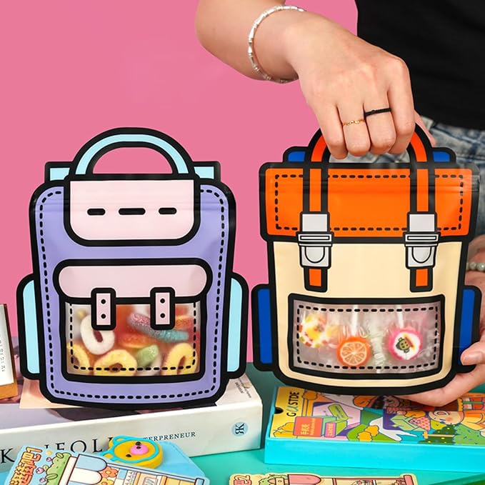 30 Pack Cartoon Backpack Goodie Bags Clear Gift Candy Bags with Handle Small Plastic Ziplock Seal Bag Smell Proof Reusable Resealable Storage Packaging For Home Party Favor Birthday Bag(Mixcolor)