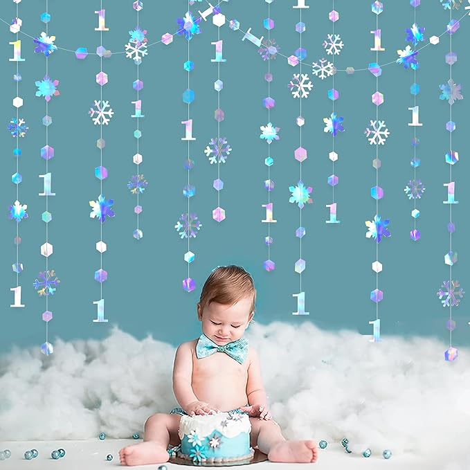 52Ft Winter Onederland Birthday Decorations Iridescent Snowflakes 1st Holographic Paper Snowflakes Garland Streamer for Winter Wonderland Christmas Frozen Snowflake First Birthday Party Supplies