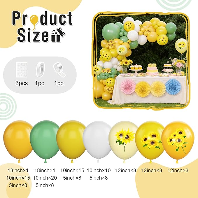 Sunflower Balloon Arch Kit, Yellow Sage Green White Party Balloons Garland with Sunflower Print Balloons for Kids Birthday Baby Shower Sunshine Sunflower Bee Themed Wedding Party Decor