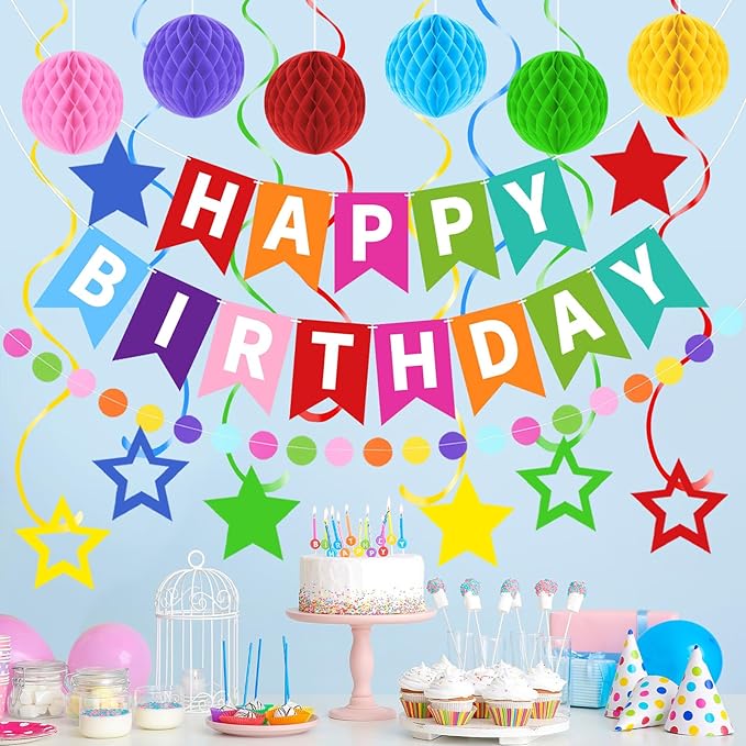 Happy Birthday Banner, Rainbow Birthday Decorations Set with 6 Honeycomb Balls, 8 Star Hanging Swirl Streamers, Circle Dots Garland Perfect for Women, Men, Boys, Girls