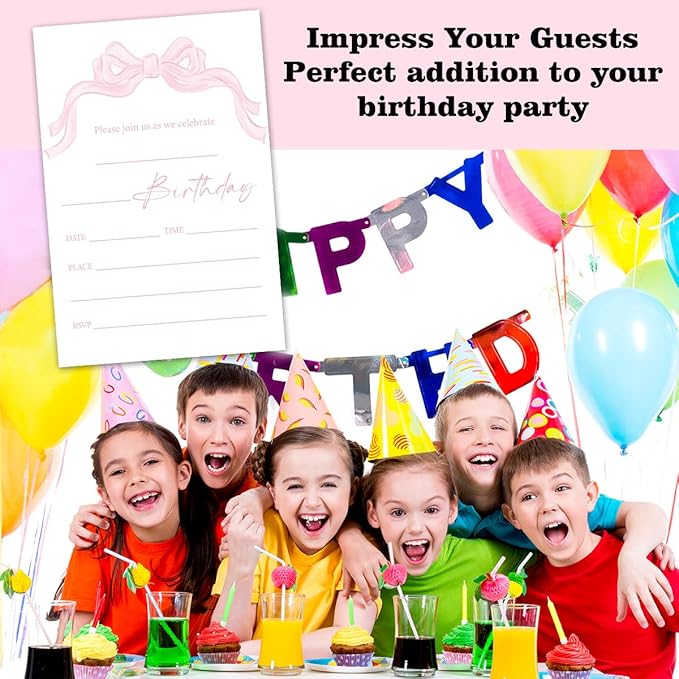 Pink Bow Birthday Invitation Cards For Girls Adult Teens, Birthday Party Supplies Favors, 20 Fill-In Invitation Cards with Envelopes -26