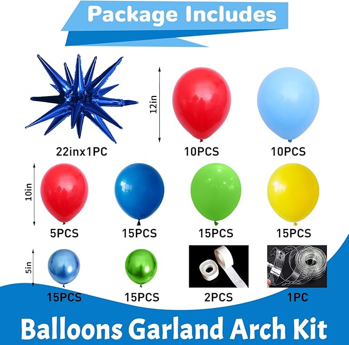 Red Blue Yellow Green Balloons Garland Arch Kit Primary Colors Balloon Arch with Explosion Star Foil Balloons Metallic Blue Green Balloon for Carnival Party Decorations