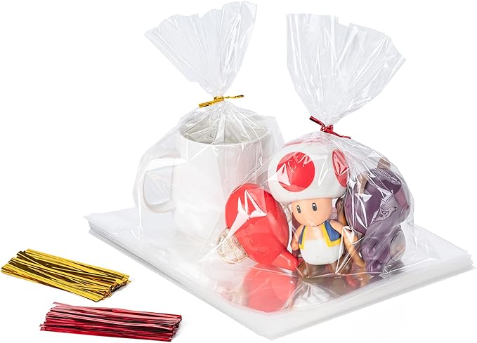 Aegero Cello Cellophane Treat Bags, 200 Pcs 6x8 Inches Clear Cellophane Bags with 200 Twist Ties for Gift Wrapping,Packaging Candies,Dessert,Bakery,Party Favors