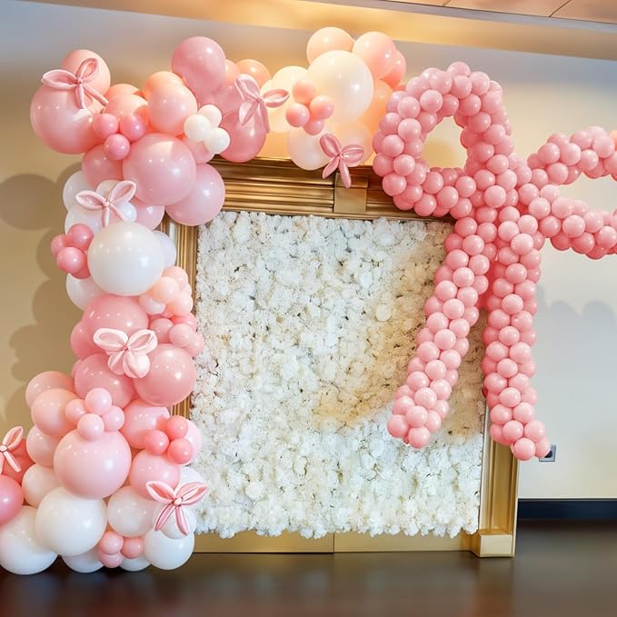Bow Balloon Arch Kit, Pastel Baby Pink White Clear Bow Birthday Balloons for Princess Women Girl Pink Birthday Party Baby Shower Bachelorette Bridal Engagement Decorations