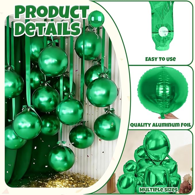 12Pcs Green Round Balloons Foil, 22" 18" 15" 10" 4D Round Ball Balloon, Big Metallic Green Foil Balloons for Baby Shower Wedding Graduations Christmas Safari Jungle Party Decorations Backdrop