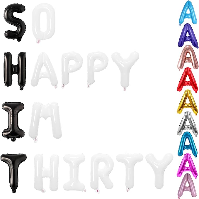 BALLOON VIBE Funny 30th Birthday Decorations for Him and Her - So Happy IM 30 Phrase Letters Banner - 16” Balloon Letters Foil Balloons for Happy Birthday Décor - Dirty 30 Birth Day